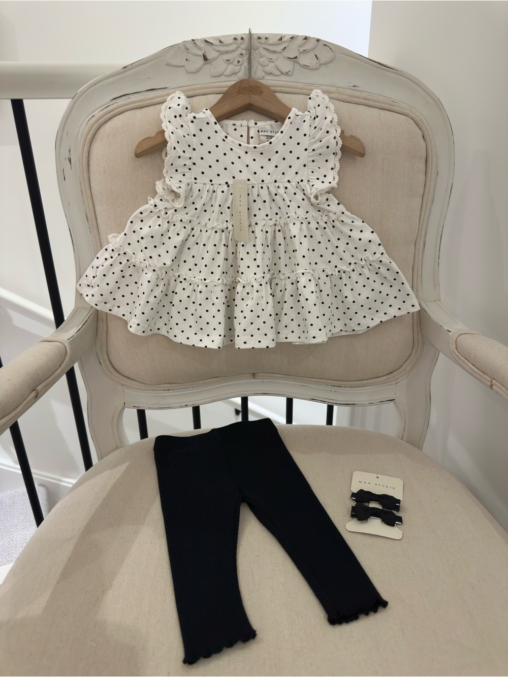 🖤 3~6 Mth Polka Dot Tiered Baby Dress with Black Leggings & Hair Bow Set NWT